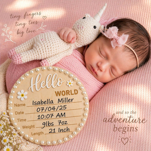 Pearl-Trimmed Wonhibo Newborn Announcement Sign - Baby Hospital Photo Prop Wooden Name Board Card for Birth Welcome