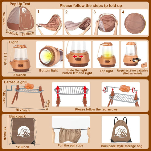 80PCS Kids Camping Toys Set - Play Tent Campfire Toys, Toy BBQ Grill Set, Pretend Cutting Play Food for Kids
