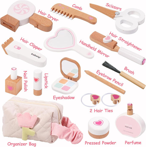 Set 16 3 4 5 6 7 8 Wooden Makeup Toy for Toddlers, Pieces Pretend Play Beauty Salon Kit with Styling Tools, Cosmetics
