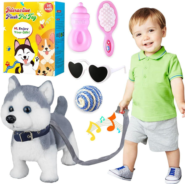 Marsjoy Husky Walking Dog Toy for Girls Barking Puppy with Control Leash, Realistic