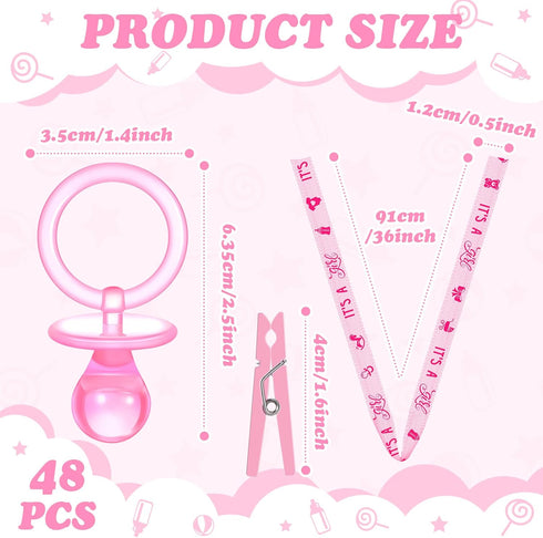 48 Sets Coume Baby Shower Pacifiers Necklace with Mini Clothes Pins Acrylic Pacifier Bulk Newborn Party Favors