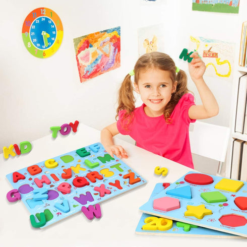 Alphabet and Number Puzzle Set, Wooden Upper Case Letter and Shape Learning Puzzles for 3-5 Year Olds