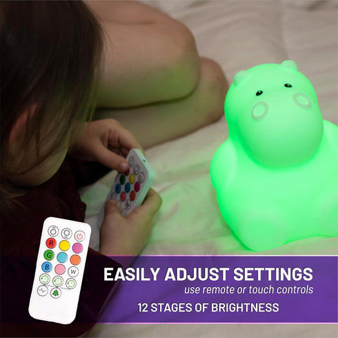 Lumipets Remote Control Silicone Night Light - Hippo Design with 9 Soft Colors & Sleep Timer for Kids