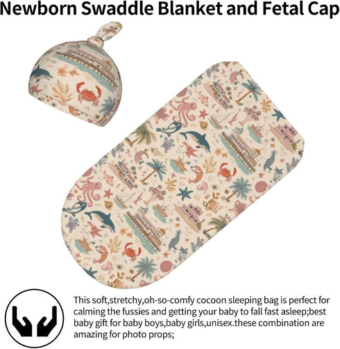 Nanyizly Set 0-6m Trees and Boats Newborns Beanie Swaddle Blanket Baby Receiving Blankets for Infant Boy Girl Swaddle