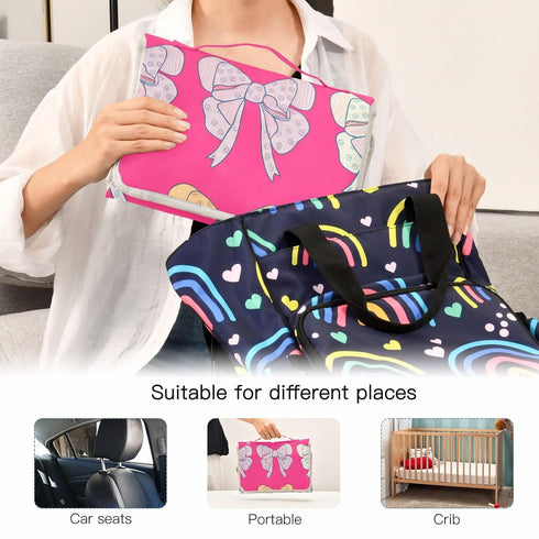 Jihqo Diaper Changing Pad Bows Pink Portable Diaper Mat with Built-in Pillow Travel Changing Station for Baby