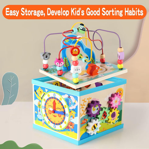 Qilay Wooden Activity Cube for Toddlers 1-3 - 5 in 1 Multipurpose ABC-123 Abacus Bead Maze Shape Sorter