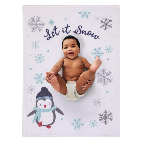 NOJO Penguin White, Aqua, and Gray Let it Snow Christmas Photo Op Super Soft Baby Blanket by NoJo