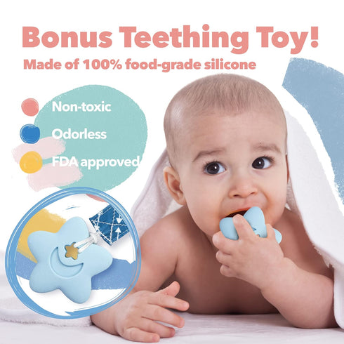 Liname 4 Pack Neutral Pacifier Clip with Teething Toy - Unisex Baby Binky Holder and Soothie Paci Clip (Blue)