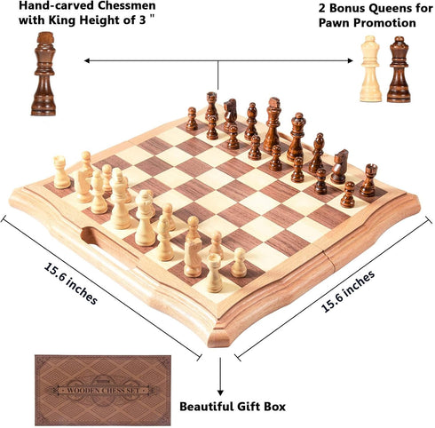 AMEROUS 15.6 inches Magnetic Wooden Chess Set, Handheld Style Board Game with Storage Slots and 2 Extra Queens