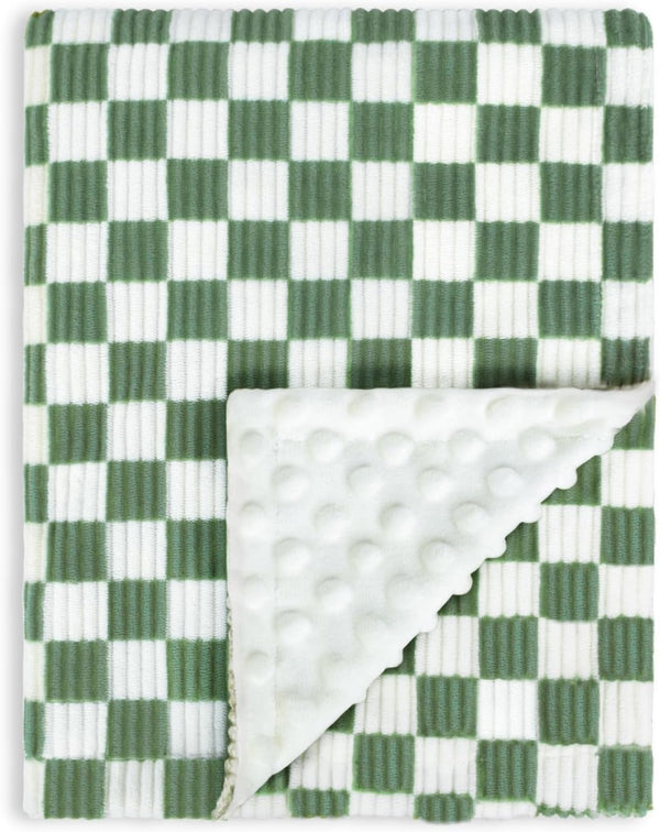 3D Checkerboard Grid Toddler Blanket, Soft Cozy Corduroy Bed Blanket with Stripe Chessboard Design, Infant Newborn