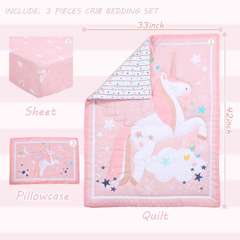 Set Sets 3 UOMNY Crib Bedding for Girls - Pink Baby Nursery Pieces Quilt Comforter Fitted Sheet Toddler Pillowcase Soft
