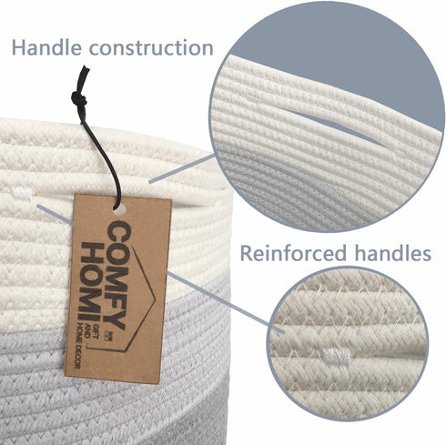COMFY-HOMI Cotton Rope Woven Basket, 13.5"x11"x9.5" Toy Organizer with Handles for Shelves, White/3Tone Grey