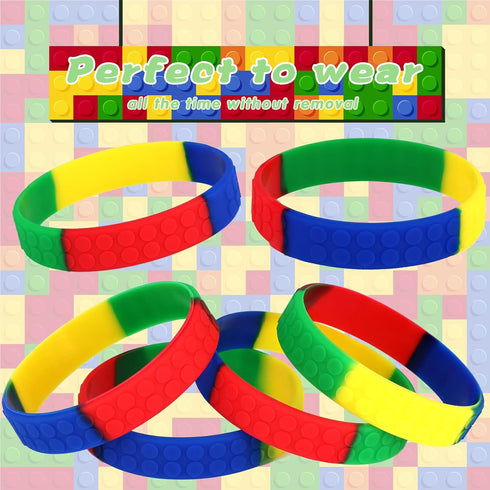 Charniol 48 Pack Color Brick Party Favors Kids Silicone Bracelet Building Block Wristbands Party Supplies for Boys