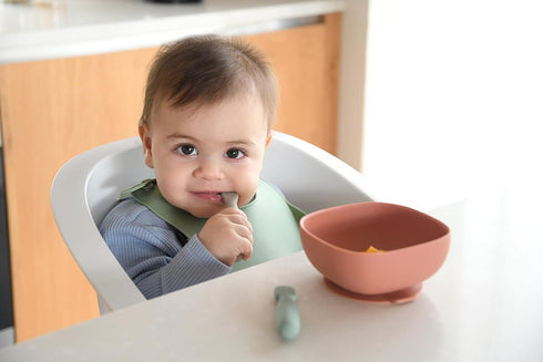 BEABA Set of 2 Silicone Pre-Spoons for Babies 4-8 Months, Ultra-Soft Silicone Spoons for Self Feeding, Sage/Grey