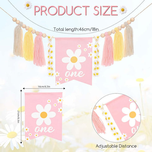 1st Daisy Birthday Decorations Highchair Pink Floral High Chair Banner Boho Flower One Wooden Cake Topper for Pastel