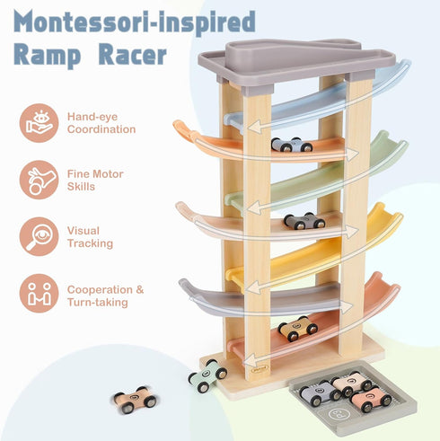 1 2 3 7 8 2 2 Joyreal Montessori Toddler Toys for Year Old - Level Wooden Car Ramp Racer Toys with Mini Cars & Garages