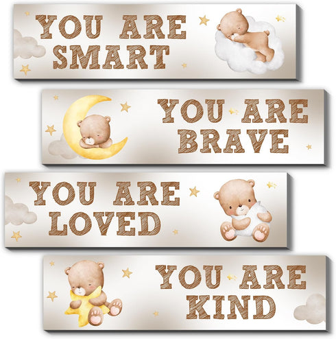 MJSXY Bear Nursery Wall Decor,Wooden Bear Wall Art for Baby Boy,4PCS Cute Boy