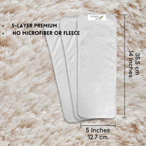 5-Layer, Pack 10 KaWaii Baby Premium Label Cloth Diaper Insert, Washable, Reusable Booster, use with One Size Cloth