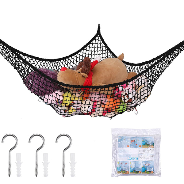LXUNYI Jumbo Stuffed Animal Hammock, Mesh Toy Storage Net Holder for Kids, 84 Inch Black Organizer for Bedroom
