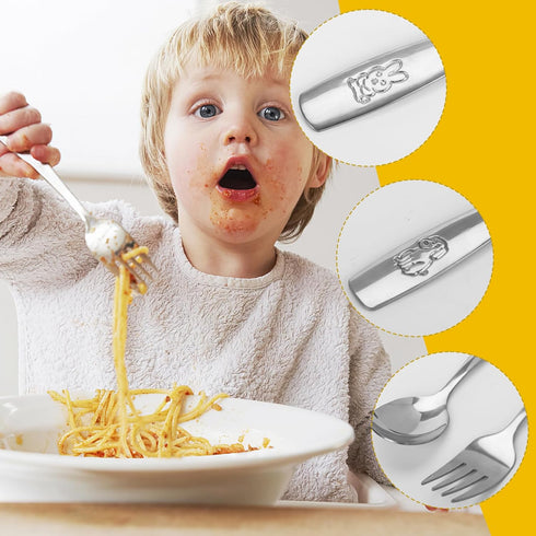 HANSGO 12PCS Children Safe Forks and Spoons, Stainless Steel Toddler Utensils Set with Bunny and Puppy Motifs