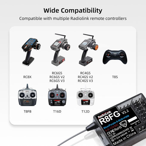 R8FG V2.2 8 2pcs, 2.4GHz 600m RC8X/RC6GS V3/RC4GS V3 Radiolink Channels Gyro Receiver Long Range Control Voltage