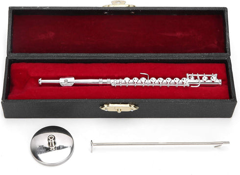 Miniature Flute, Copper Mini Musical Instrument with Stand and Case, Dollhouse Model Home Ornament