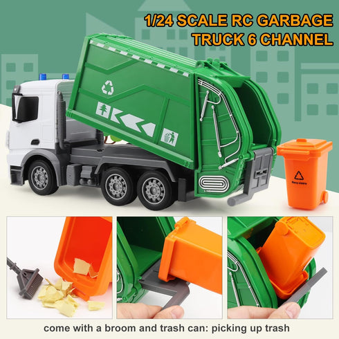 2.4Ghz Remote Control Garbage Truck Toys for Boys with Trash Bin Real Lights 1/24 Scale Recycling Truck