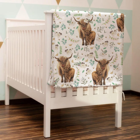 Watercolor Highland Cows Retro Floral Baby Blanket, Boho Flowers Leaves Receiving Blanket 30x40 for Newborn Nursery