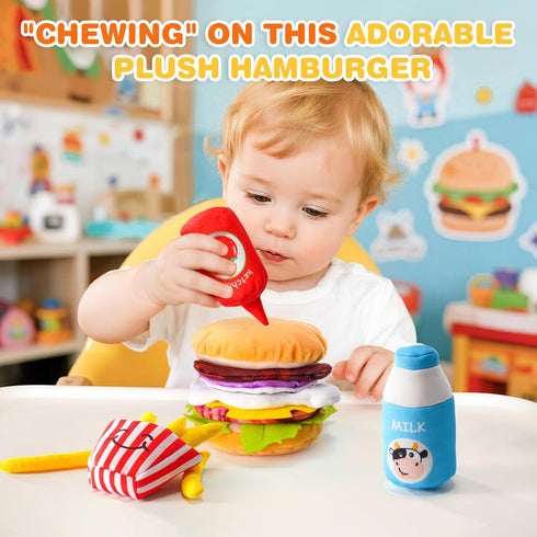 0-6-12-18 Jollybaby Soft Plush Burger Toy for Baby Months: Stuffed Hamburger Pretend Play Food & Plushies Sensory Toy
