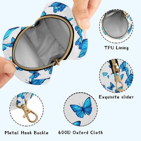 Blue Butterfly Round Pacifier Storage Case with Zipper, Portable Pacifier Case for Travel, Diaper Bag & Purse, Pacifier