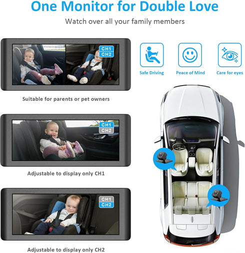 Shynerk Baby 2 6.86" 1080P Baby Car Camera for Kids, HD Split Screen Baby Monitor with Dual Backseat Cameras and IR