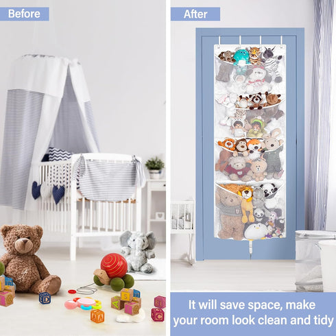 Hanging Stuffed Animal Storage, Over Door Large Plush Toy Organizer with Metal Hook, Baby Accessory Holder for Nursery