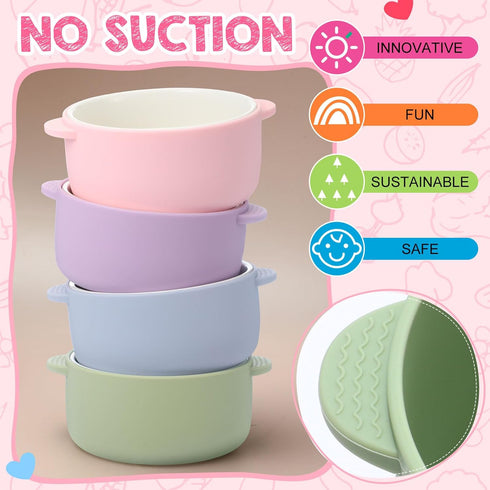 4 Sets 2-in-1 Domensi Kids Porcelain Bowls with Removable Silicone Sleeve Porcelain Toddler Bowls Microwave Dishwasher