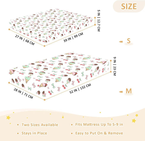 Jynexis 52x28 Ice Cream Cherries White Print Baby Crib Sheets, Cotton Fitted Crib Sheet, Soft Breathable, Fits Standard