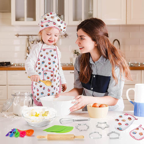 Cute Stuff Apron for Girls, Kids Cooking Sets with Toddler Chef Hat and Cookbook, Birthday Gifts for 3-8 Year Olds