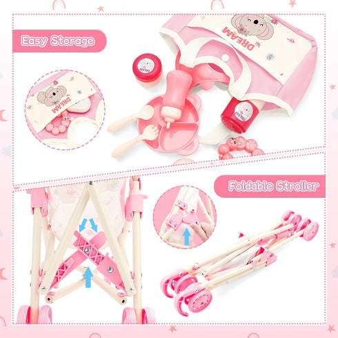 12" Set deAO Baby Doll Stroller Toys with Baby Doll Accessories Crib Bed High Chair Nursery Role Play Play Mat,Travel