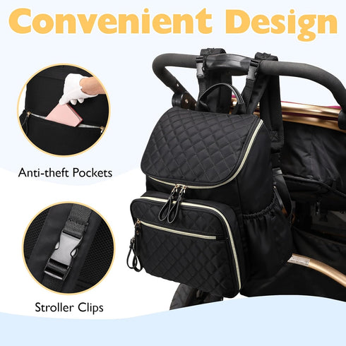 Backpack LORADI Lightweight Diaper Bag with Stroller Clips, Insulated Pockets, Baby Shower Essentials (Nylon, Black)