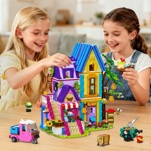 1084PCS Set 8-12+ HOGOKIDS Girls Friends Baking House Building Toy with LED Light - Beekeeping & Bakery Building
