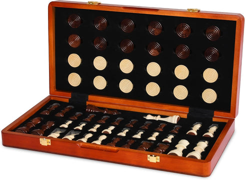 ECOCRAFTER 15'' 2 1 set (2 set Sets in Wooden Magnetic chess and checkers Extra Queens, Foldable Chess & Cotton Storage