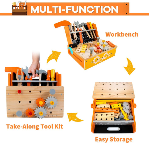 KIDWILL Wooden Tool Bench for Kids - 54-Piece Tool Set with 2-in-1 Workbench & Take-Along Kit, STEM Educational Toy