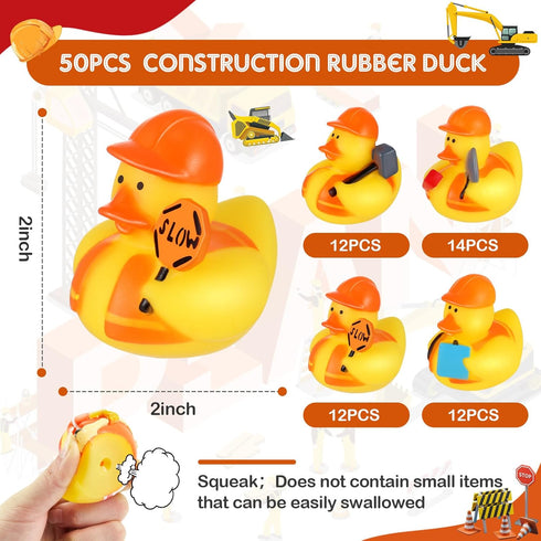 DEEKIN 50 Pcs Construction Worker Rubber Ducks, 2" Orange Hat Bath Toy for Birthday Party Favors