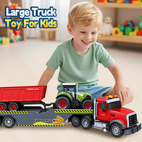 3 4 5 6 7 21" Bstoyder Toddler Boy Toys for Years Kids, Semi Flatbed Truck Toy with a Farm Truck, Friction Powered