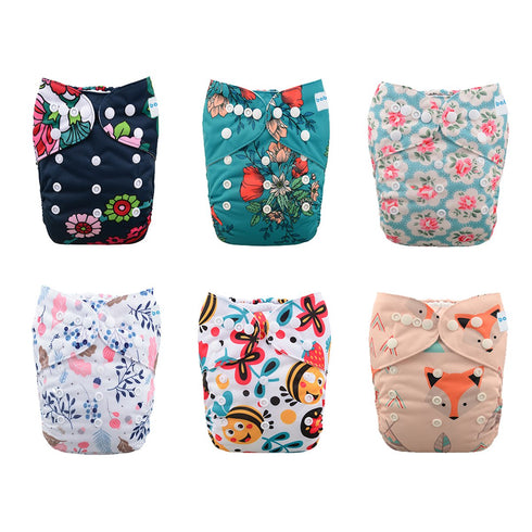 6pcs+ 6pcs 6YDG08 babygoal Reusable Cloth Diapers for Girls, Adjustable Washable Nappy Microfiber Inserts+One Wet Bag