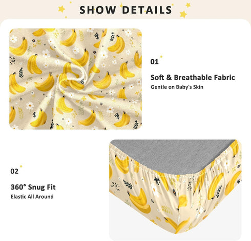 miaozhen 1 Pack 52x28 Cotton Baby Crib Sheets Soft Yellow Bananas Fruit Khaki Crib Mattress Sheet for Nursery Decor