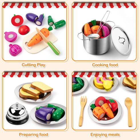 Set Juboury Pretend Play Kitchen - Toy Kitchen Accessories with Stainless Steel Cookware Pots and Pans, Plates, Cooking