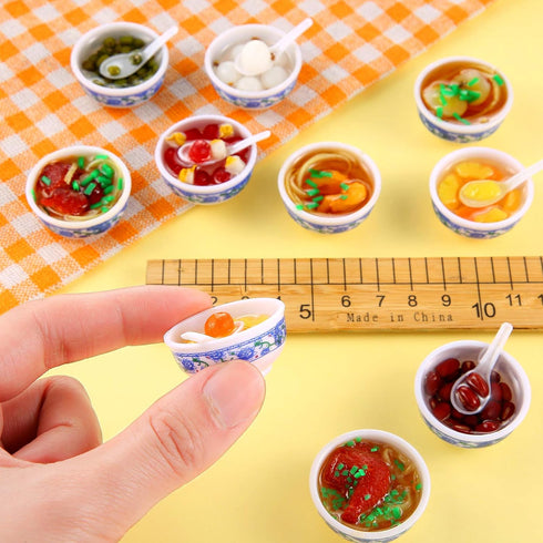 10 Pieces Mini Toy Food Miniatures Chinese Play Food Blue and White Pottery Sweet Soup Syrup Noodle Bowls for Kitchen