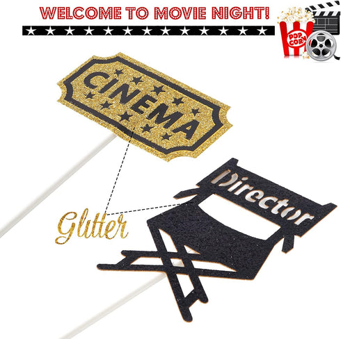 Movie Night Cupcake Toppers Decoration Pack of 24 Glitter Cake Toppers for Birthday Party Baby Shower Theme Supplies