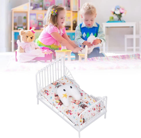 1:12 Scale Dollhouse Mini Bed Set - Decorative Pillow and Metal Frame Lifelike Miniature Bed