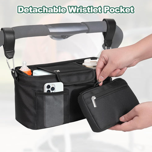Universal Stroller Organizer Bag, Stroller Caddy with Insulated Cup Holders & Detachable Phone Bag and Shoulder Strap