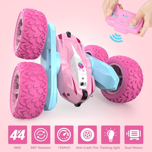 2.4Ghz 360 3+ Remote Control Car, Pink RC Cars for Girls, Rechargeable RC Truck, Double Sided Rotating Stunt Car Toy